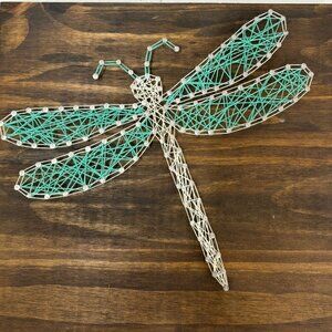 Dragonfly String Art Complete on Dark Stained Wood 11.5" x 12"